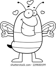 A cartoon illustration of a bee ready to give a hug.