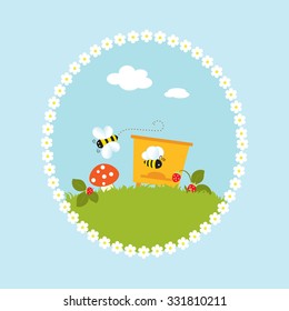 Cartoon illustration of beehive with bees flowers and mushroom