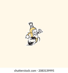 Cartoon illustration of beer bottle on the run in vintage color.