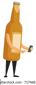 Cartoon illustration of beer bottle using a mobile phone