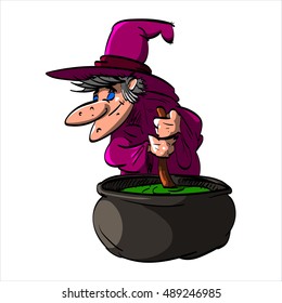 Cartoon illustration of Befana or a wtich with blue clothes and a hat, cooking in a cauldron