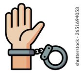 Cartoon illustration of a beige hand with grey metal handcuffs and a black outline against a white background simple flat style