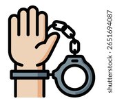 Cartoon illustration of a beige hand in metal handcuffs connected by a grey chainThe style is simple and flat