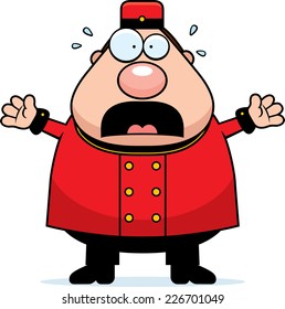 A cartoon illustration of a bellhop looking scared.