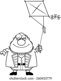 A Cartoon Illustration Of Ben Franklin Flying A Kite.