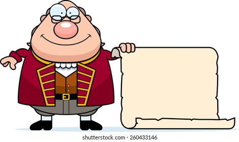 A cartoon illustration of Ben Franklin with a piece of parchment paper.