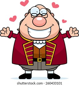 A cartoon illustration of Ben Franklin ready to give a hug.