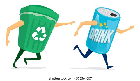 Cartoon illustration between recycling bin and soda can