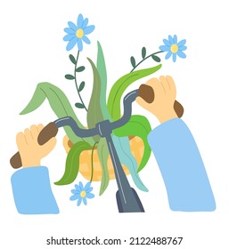 Cartoon illustration with bicyclist and buscet of flowers. Vector cute flat picture.