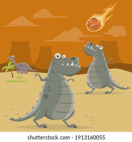 Cartoon Illustration Of A Big Asteroid Falling Down On Dinosaurs