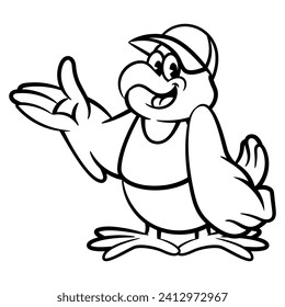 Cartoon illustration of A Big Chicken wearing cap and restaurant uniform with serving gestures. Best for coloring book, logo, and outline with fried chicken culinary business themes for children