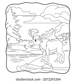 cartoon illustration big deer standing by the river book or page for kids black and white