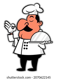 Cartoon illustration of A Big Fat Man with mustache, wearing chef hat and uniform, carrying a cloche with "delicious" finger gesture, best for mascot, logo, and sticker for luxurious restaurant themes