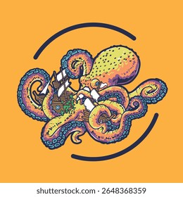 Ilustração de desenho animado um polvo grande ou kraken esmagando um navio com tentáculo