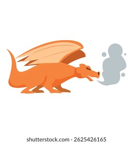 Cartoon illustration of a big orange dragon breathing smoke on white background