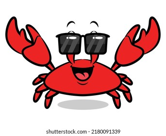 Dibujo de caricatura de Big Red Crab usando gafas de sol y mostrando sus garras, mejor para pegatinas, logotipo y mascota con temas de verano