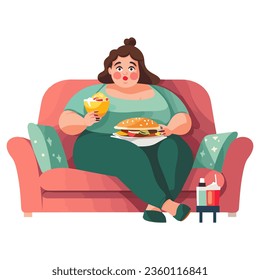 Cartoon-Illustration einer großen Frau sitzen auf dem Sofa Sofa essen Snack Junk Food. einzeln auf Hintergrund.