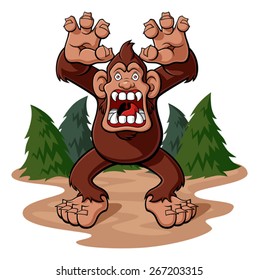 Cartoon illustration of a bigfoot in aggressive attitude with his jaws gaping. Partial view of a pine forest. Isolated on white background.