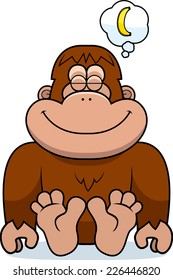 A cartoon illustration of a bigfoot dreaming of a banana.