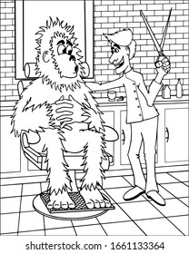 Cartoon illustration of bigfoot getting a haircut in a barber shop.