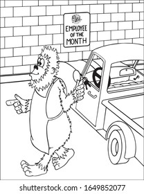 Cartoon illustration of bigfoot leaving his parked car in the employee of the month slot.