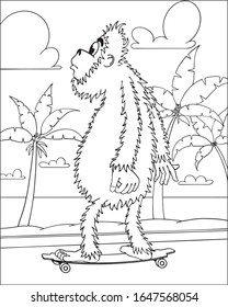 Cartoon illustration of bigfoot on a skateboard with a beach in the background.