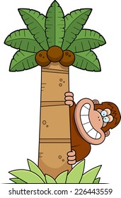 A cartoon illustration of a bigfoot in a palm tree.