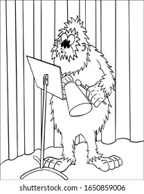 Cartoon illustration of bigfoot practicing cowbell.