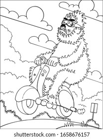 Cartoon illustration of bigfoot riding a scooter with bugs hitting him in the face.