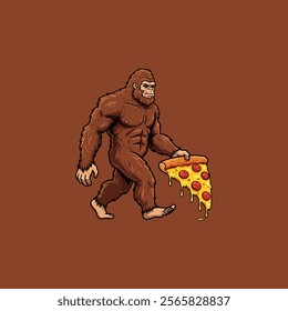 A cartoon illustration of Bigfoot walking and carrying a melting pepperoni pizza slice.