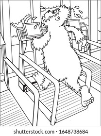 Cartoon illustration of a bigfoot working out on a treadmill.