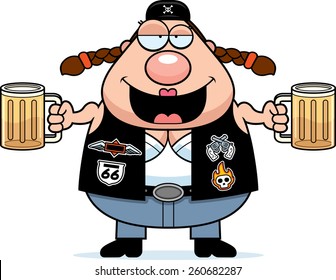 A cartoon illustration of a biker woman looking drunk on beer.