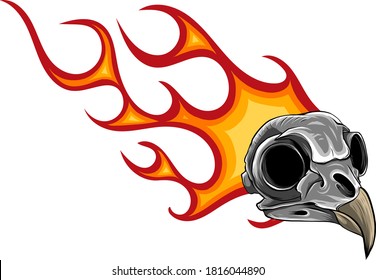 cartoon illustration of a bird skull with flames