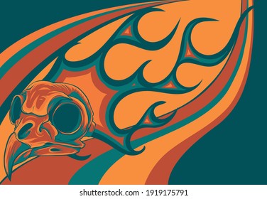 cartoon illustration of a bird skull with flames
