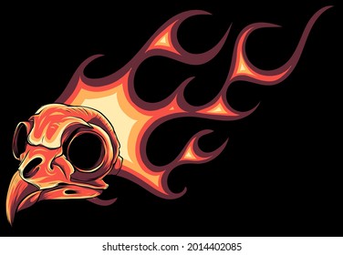cartoon illustration of a bird skull with flames