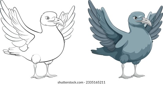 A cartoon illustration of a bird standing with its wings open, ready to fly