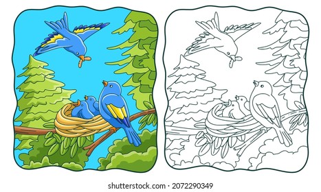 cartoon illustration Birds bring food to their nests book or page for kids