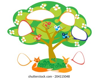 Cartoon illustration of birds sitting on a flourish tree and couple foxes sitting below tree. All animals have a bubble for your text. Isolated.
