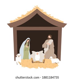 Cartoon Illustration of the Birth of Christ, Christmas manger with baby. Nativity scene with baby Jesus in a manger with Mary and Joseph. Vector illustration