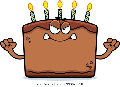 A cartoon illustration of a birthday cake looking angry.