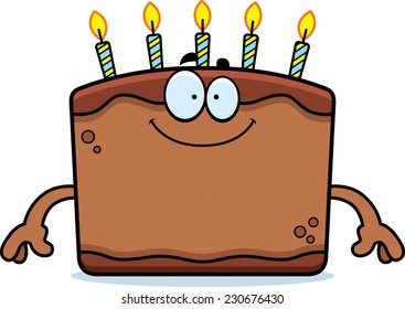 A cartoon illustration of a birthday cake looking happy.