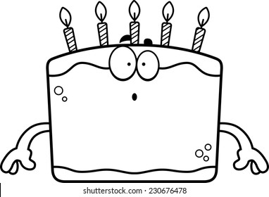 A cartoon illustration of a birthday cake looking surprised.