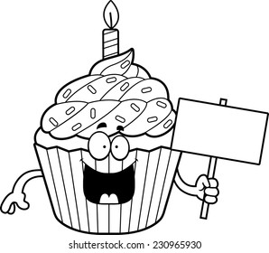 A cartoon illustration of a birthday cupcake holding a sign.