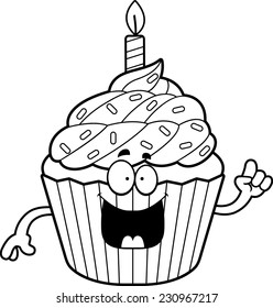 A cartoon illustration of a birthday cupcake with an idea.