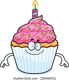 A cartoon illustration of a birthday cupcake looking happy.