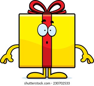 A cartoon illustration of a birthday gift looking surprised.