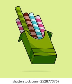 cartoon illustration of Biscuit straws with various flavors such as chocolate, matcha, strawberry and vanilla mint come out of the green color package box. can be used for menu, cover, cafe, poster