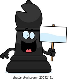 A cartoon illustration of a bishop chess piece holding a sign.