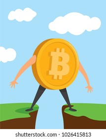 Cartoon illustration of bitcoin currency standing between cliffs