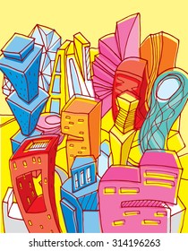 Cartoon illustration of bizarre future city of chaotic buildings